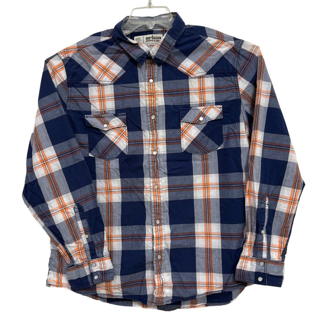 Urban Pipeline Men XXL Western Pearl Snap Shirt Navy Orange Plaid RodeoRider EUC